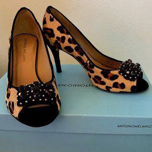ANTONIO MELANI Kayden Women Open-Toe Heels Size 6M Leopard Print Faux Fur